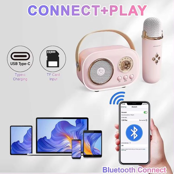 Детская колонка с микрофоном - bluetooth, подсветка, от аккумулятора/сети, type-c, TF-карта 66373 фото